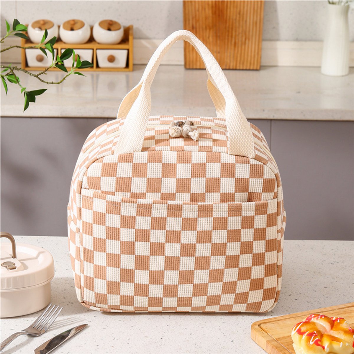 Geïsoleerde lunchtas, dameshandtas, corduroy lunchtas, universele corduroy lunchtas, geschikt voor werk, school, picknicks, enz., draagbaar en praktisch,Koffieblokje