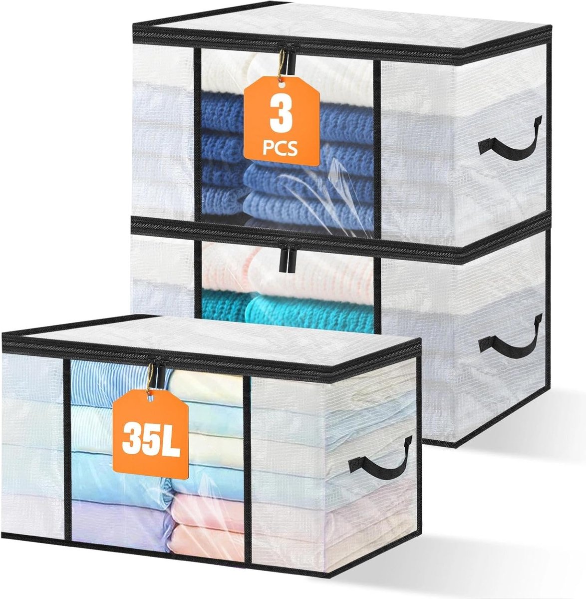 3 stuks opbergdozen, 35 liter, transparant, opvouwbare verhuisdozen, versterkte handgreep met deksel, kledingbox, verhuisdozen voor kleding, jurken, dekbedden, T-shirts, dekens, beddengoed