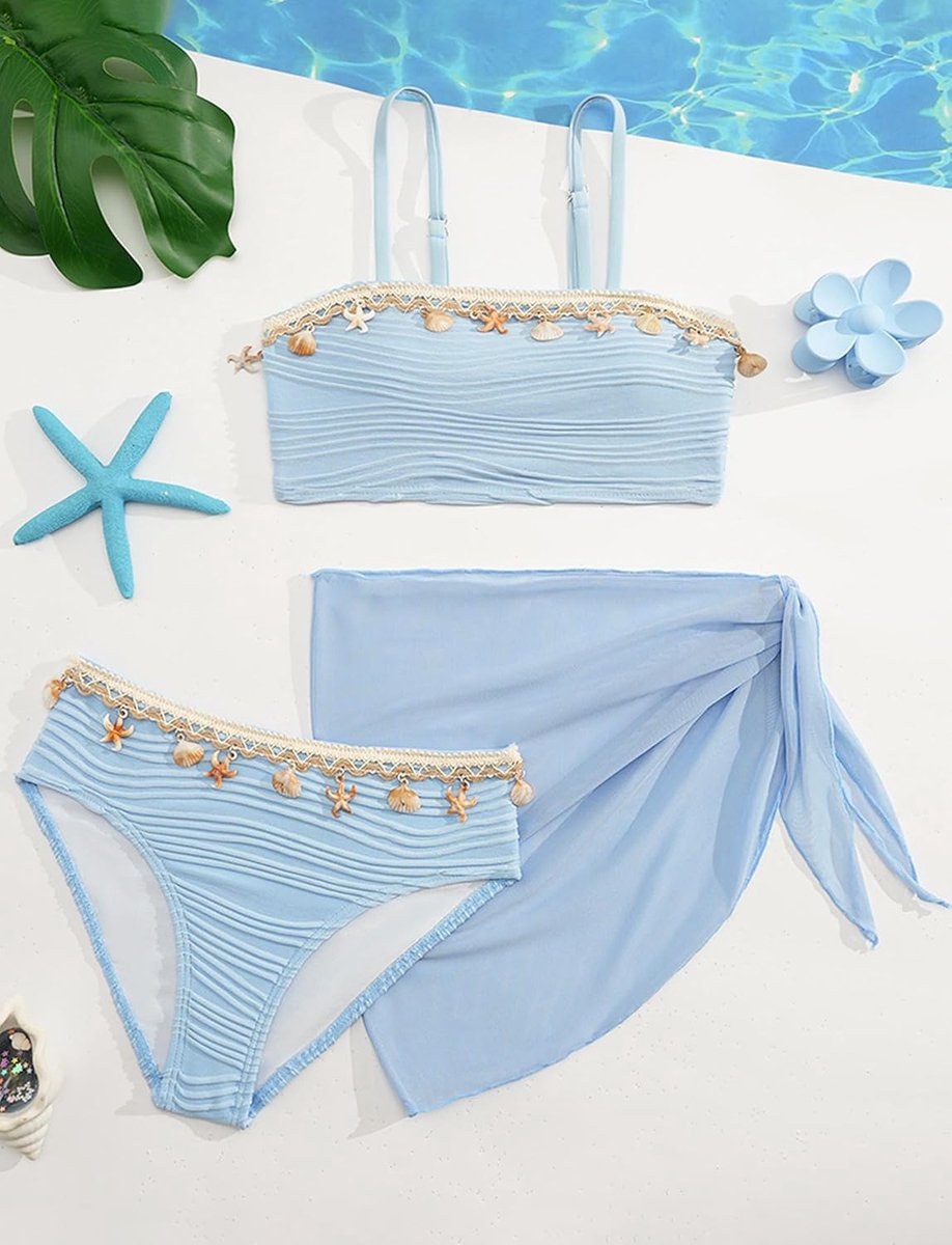 Meisjesbikiniset met mesh-rok, 3-delig badpak, modieuze schelp-decoratie, badmode, gevoerde badkleding voor kinderen van 8-12 jaar