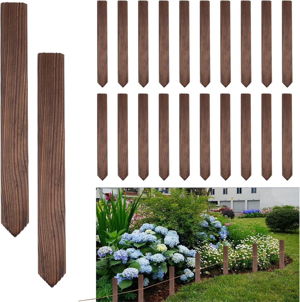 Palen 30 cm verkoolde houten palen met scherpe punt voor plantensteunen, moddervanghekken, binnen- en veldgrenzen, basislijnen