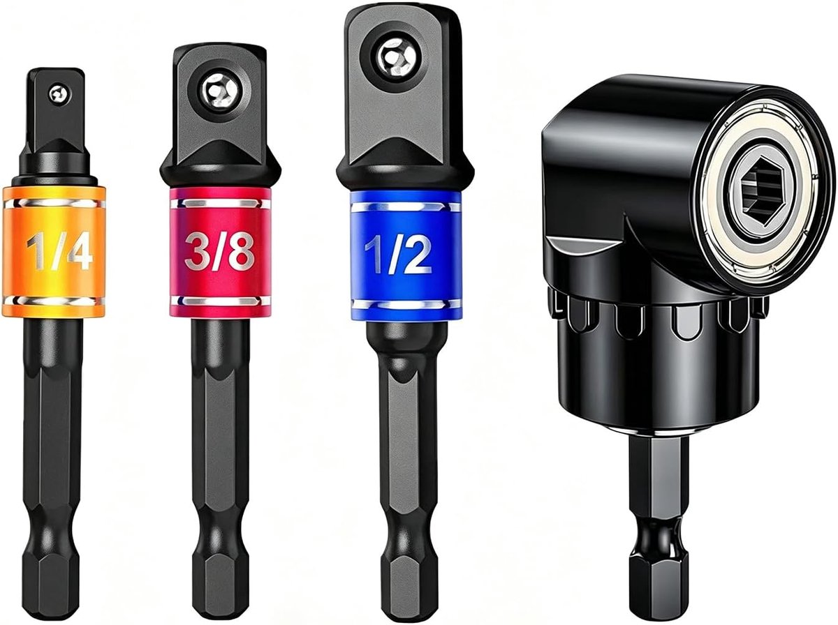 105° schroevendraaier, adapterset 1/4 inch, 3/8 inch, 1/2 inch, bits en doppen voor schroeven en boren in restelijke ruimtes, compatibel met boormachines en slagmoersleutel