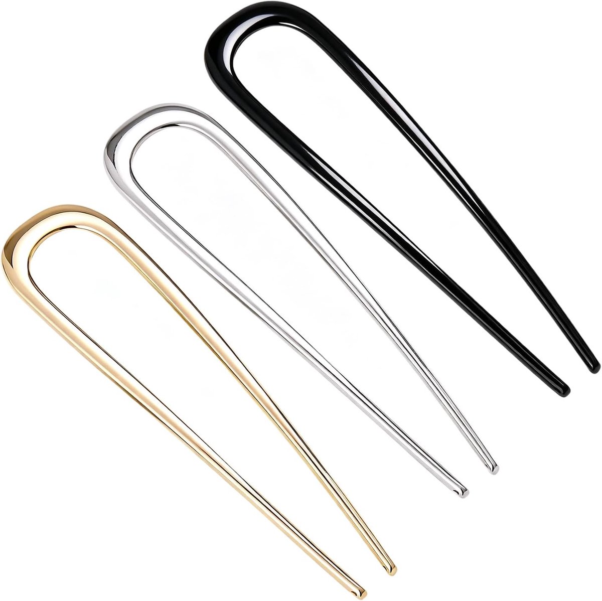 3 stuks haarspeld en knotclip voor dames, 14 cm, haarspeld voor dames, Franse pin haar, goudkleurig, zilver, zwart, haarspeld U-vorm