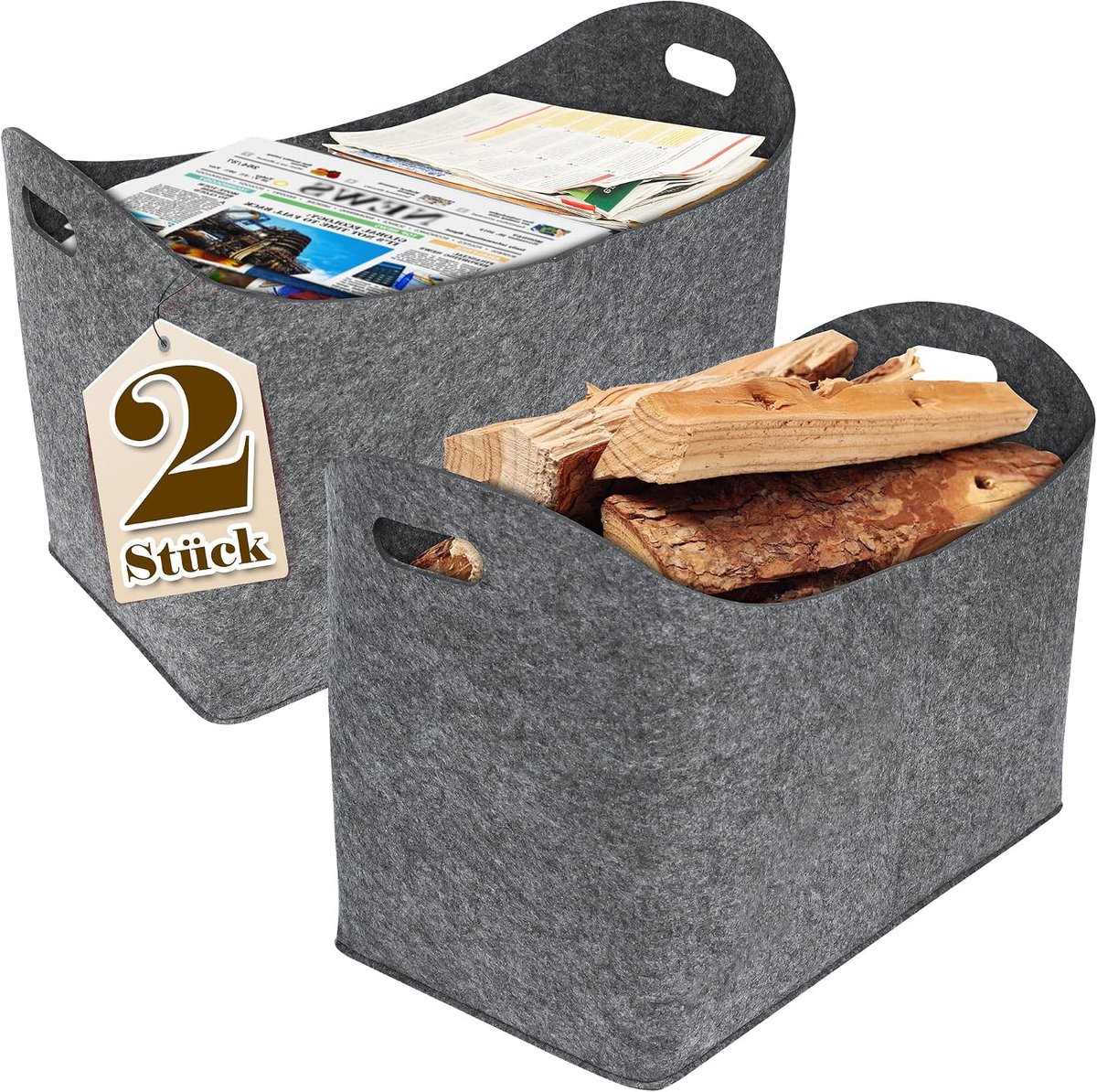2 stuks vilten houttas, houtmand voor haardhout, brandhoutmand met handvat voor brandhout en kranten, haardhoutmand opvouwbaar, brandhoutmand multifunctioneel voor boodschappen speelgoed