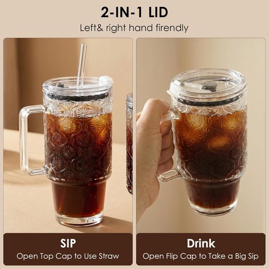 2 stuks 730 ml glazen beker met rietje en deksel - herbruikbare ijskoffie beker met handvat en kopborstel smoothie glas matcha drinkbeker voor ijs koffie sap drinken melk thee cocktail bruiloft — afbeelding 3