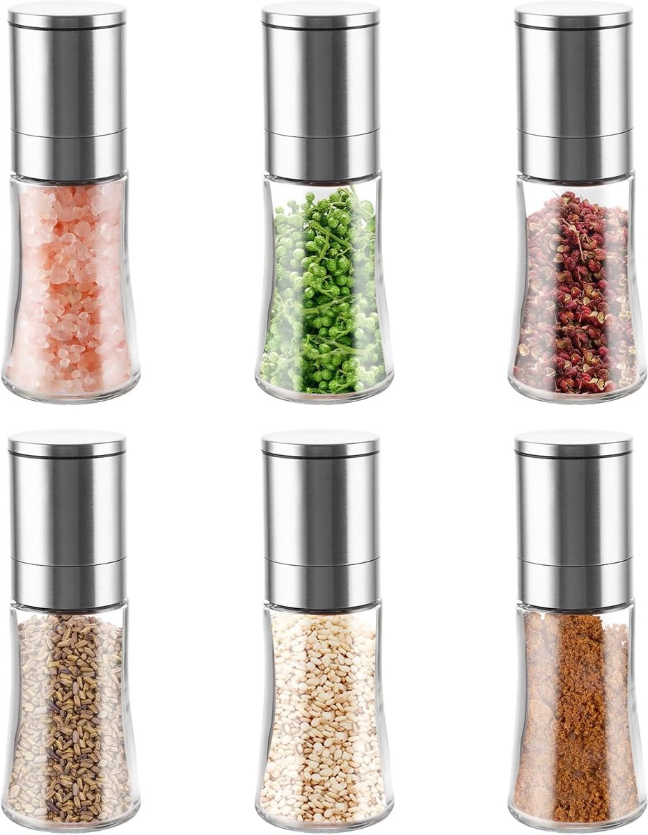 Set van 6 zout- en pepermolen 100 ml kruidenmolens met keramisch maalwerk met roestvrijstalen deksel zoutmolen in 5 standen instelbare maalgraad compacte kruidenstrooier voor BBQ keuken en