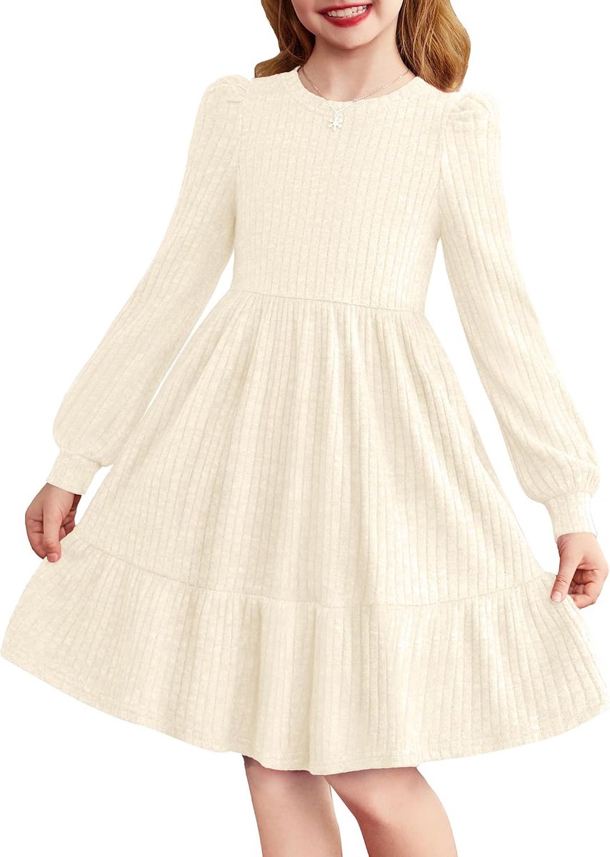 Meisjesjurk met pofmouwen, lange mouwen, kinderjurk, elegante feestelijke gebreide jurk, ronde hals, vrijetijdsjurk, A-lijn, feestjurk, eenkleurig, geribbeld, winterjurk, dagelijks gebruik