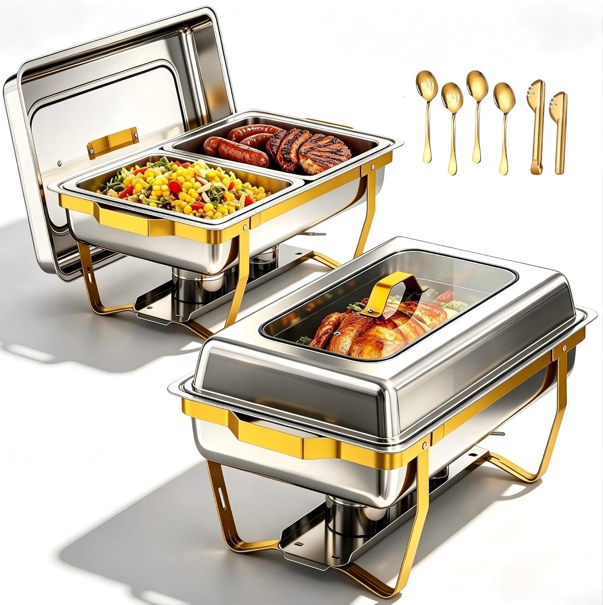 2 Stuks Gouden Chafing Dish Set met Doorzichtig Venster, 9 QT Rechthoekige Buffetschalen met Inklapbaar Statief, RVS Buffet Server Voedselwarmers voor Feesten, Catering Evenementen