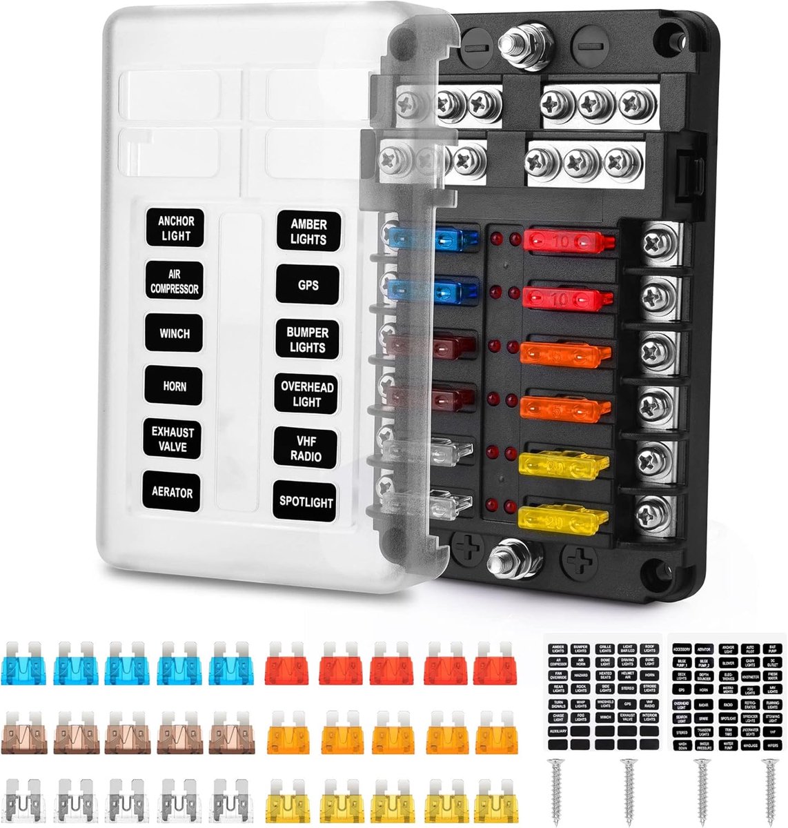Zekeringsblokhouders, 12 vakjes, schroefmoerklem van de zekeringkast met minusbus, 7,5 A 5 A 10 A 15 A 20 A 25 A zekeringen, led-display, stickers voor autoschip