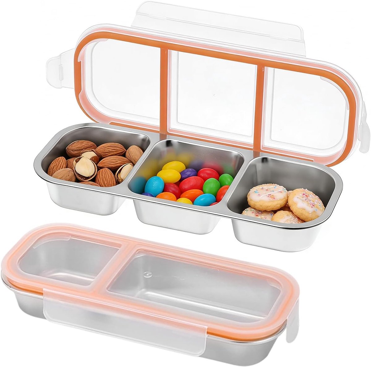 2 stuks roestvrijstalen snacktels, snackbox met 3 vakken, snackbox met 2 vakken, draagbare broodtrommel voor kinderen, maaltijdprep met deksel, lekvrij, snackschaal, kleine bentobox, snackdoos