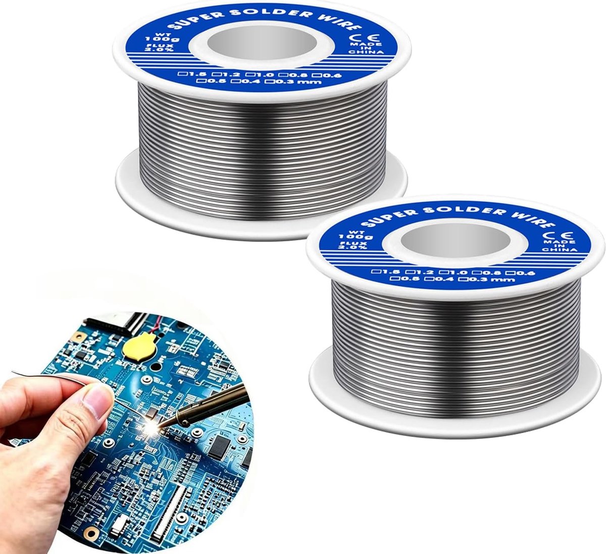 2 stuks soldeerdraad, 1 mm, 100 g, soldeertin met vloeimiddel, soldeerdraad met colofoniumkern, onderste smeltpunt soldeerdraad soldeertin voor elektrisch solderen, reparatie, doe-het-zelf
