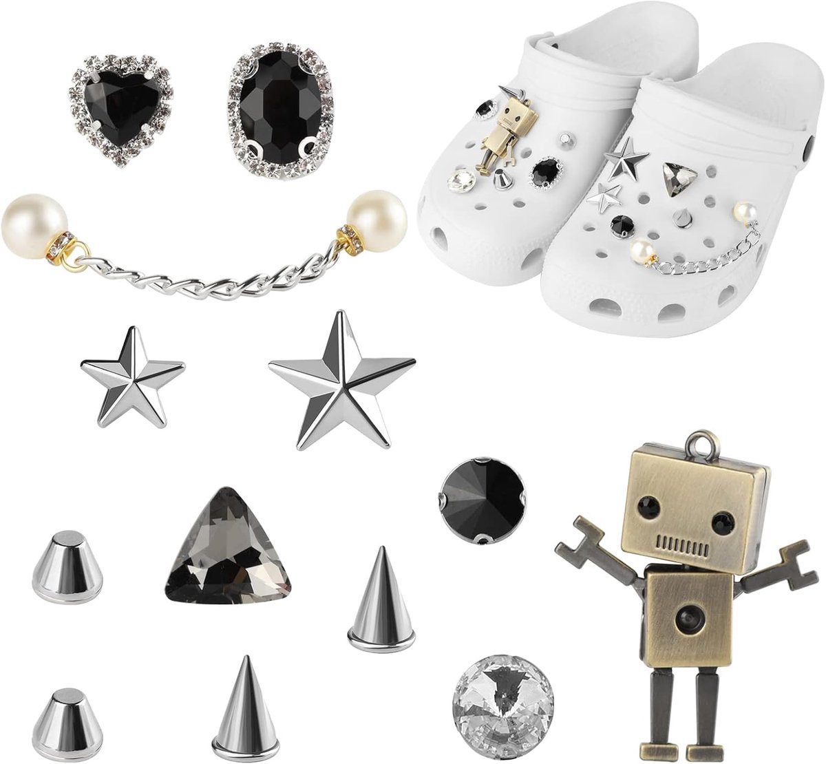 Bedels, luxe designer diamant parel metalen schoendecoratie bedels met ketting, mode CLOG bedels accessoires passen bij klompen, Valentijn verjaardagscadeau voor meisjes