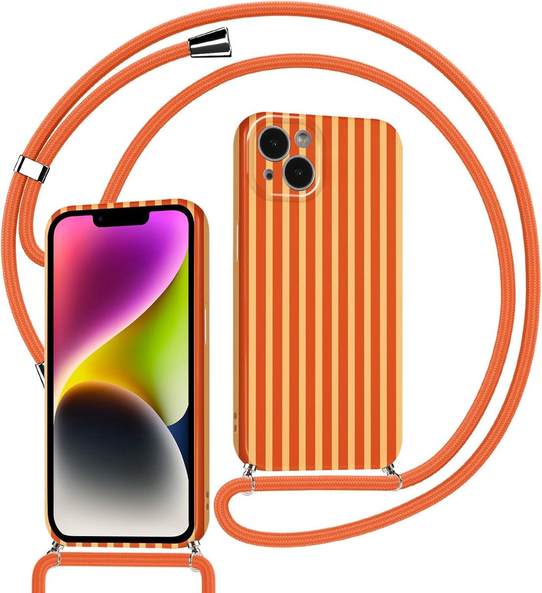 Hoesje met koord voor iPhone 15, 6,1 inch, siliconen bumper, cover, meisjes, gestreept patroon, schattig strependesign, oranje met koord, ketting, stootvaste beschermhoes, case mobiele