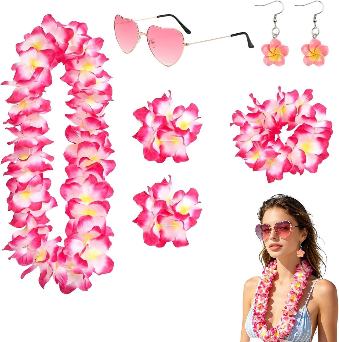 6-delige Hawaï-uitrusting voor dames: complete set met bloemenketting, hoofdband, armbanden, zonnebril en oorbellen. Comfortabel, kleurrijk en veelzijdig – ideaal voor strandfeesten, muziekfestivals