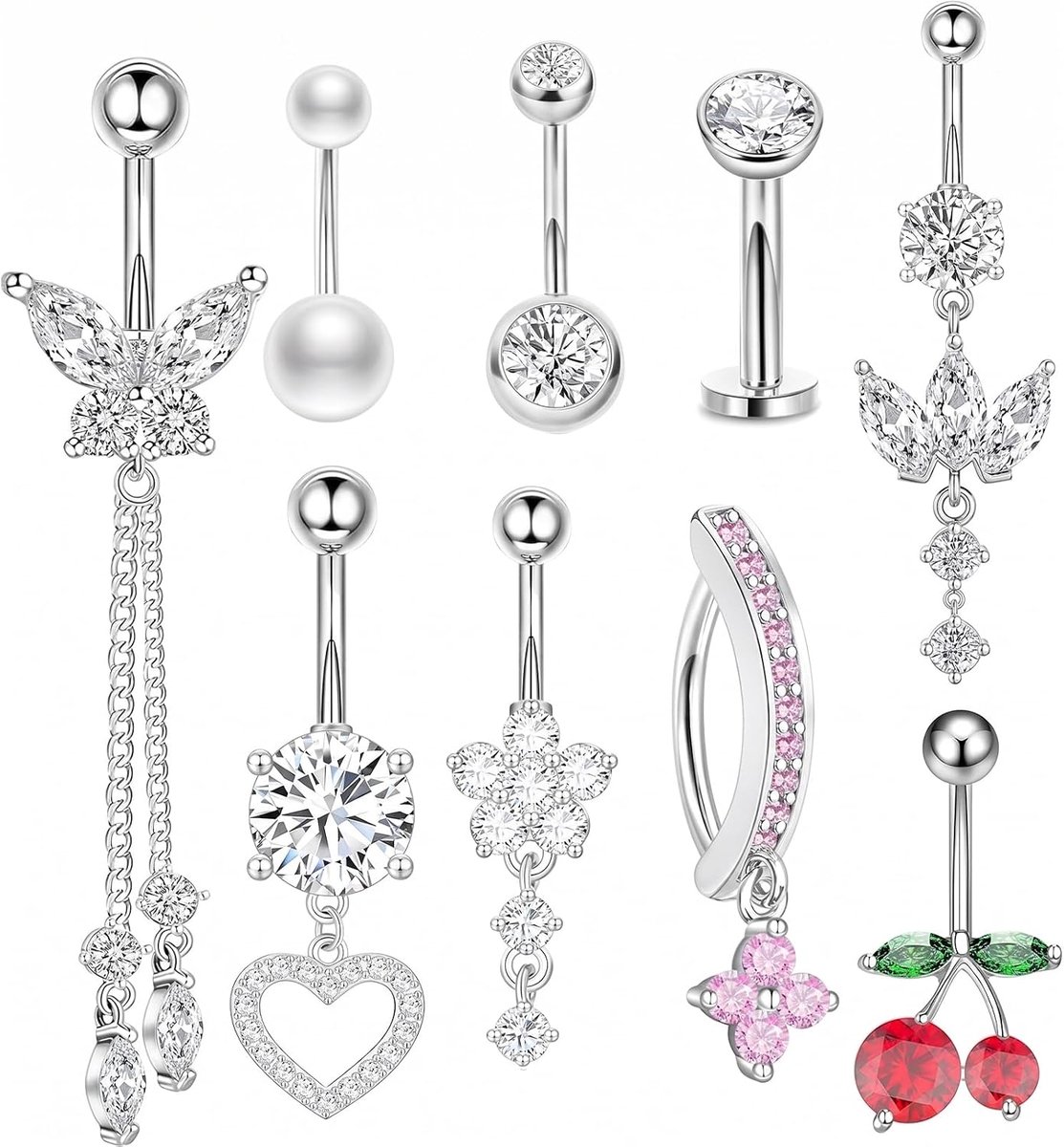 Silber – 14G Bauchnabelpiercing Chirurgenstaal met Schattige Kersen-, Vlinder- en Hartontwerpen, Piercing Navel Sieraden voor Vrouwen