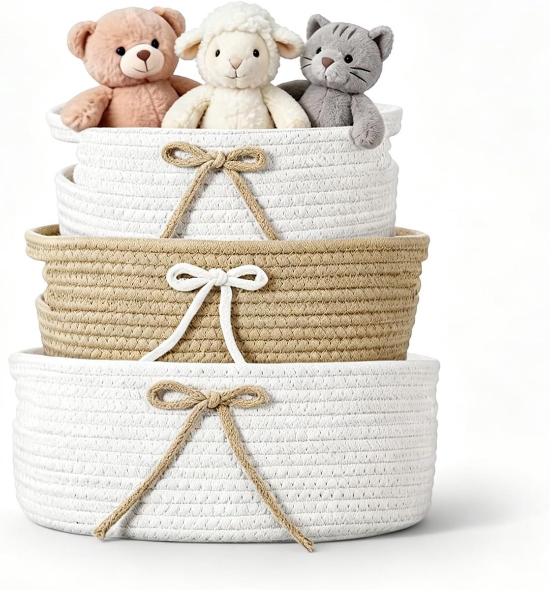 Set van 3 gevlochten opbergmanden met handvat, mandenset in 3 maten, decoratieve mand en geschenkmand, opbergbox voor badkamer, keuken, woonkamer, boho opbergmand (kaki)