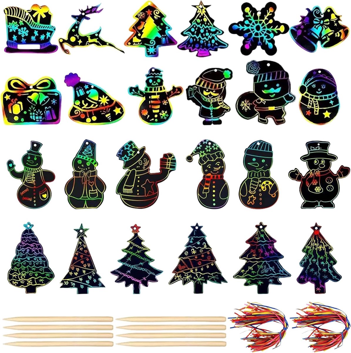 Scratch Art, 48 Stuks Kerst Kraspapier met Linten, Regenboog Scratch Art voor Kerstdecoratie Feest Traktaties en Activiteiten
