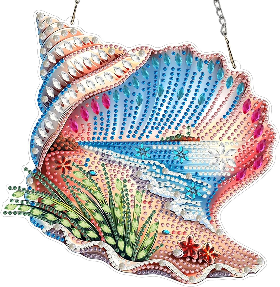 Strand Seashell Diamond Painting Art Window Suncatchers, Diamond Art Kits voor Volwassenen Opknoping Ornamenten met Ketting, Speciale Vorm Kristal Diamant Hanger Accessoires voor Decor Gift