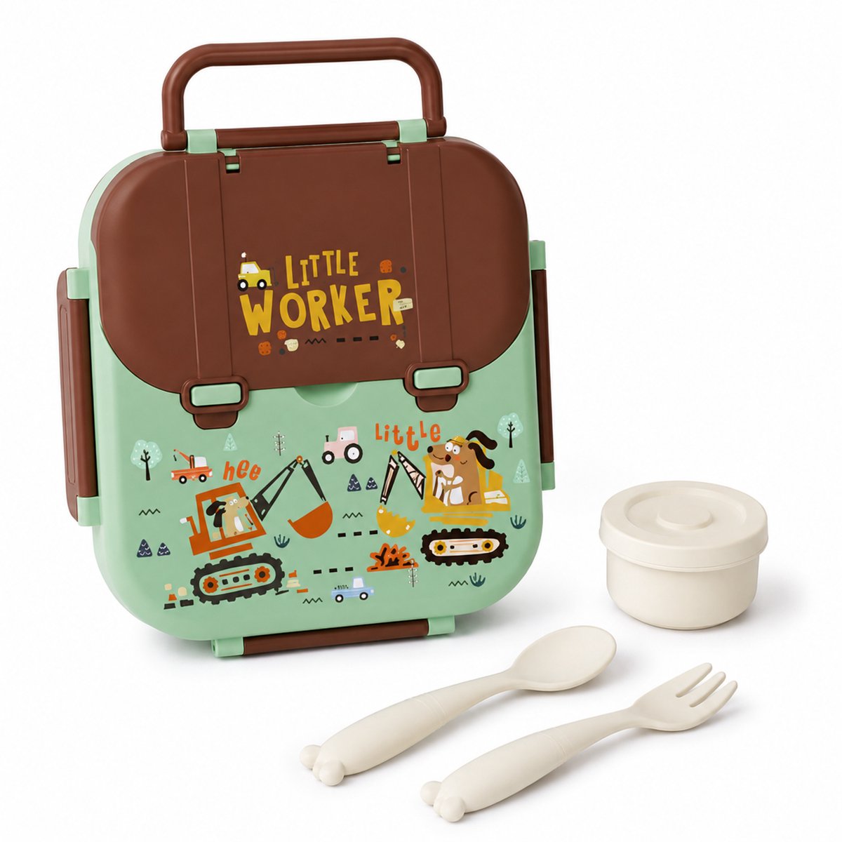 VHV - Kinderlunchbox met 3 Vakken - Broodtrommel met Bestek en Sausbakje - Geschikt voor Magnetron met Handvat voor School en Onderweg - Groen-Bruin Bouwvoertuigen