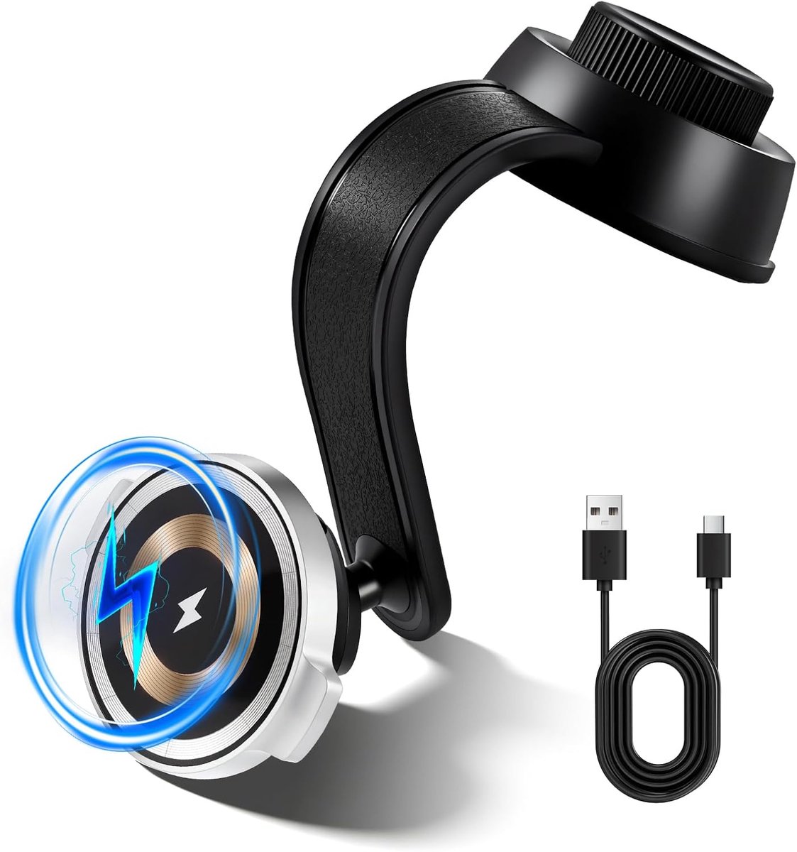 telefoonhouder voor in de auto, 15 W, met oplaadfunctie, inductieve autolader met sterke zuignap en uittrekbare Type-C-kabel, mobiele telefoonhouder voor iPhone en Android