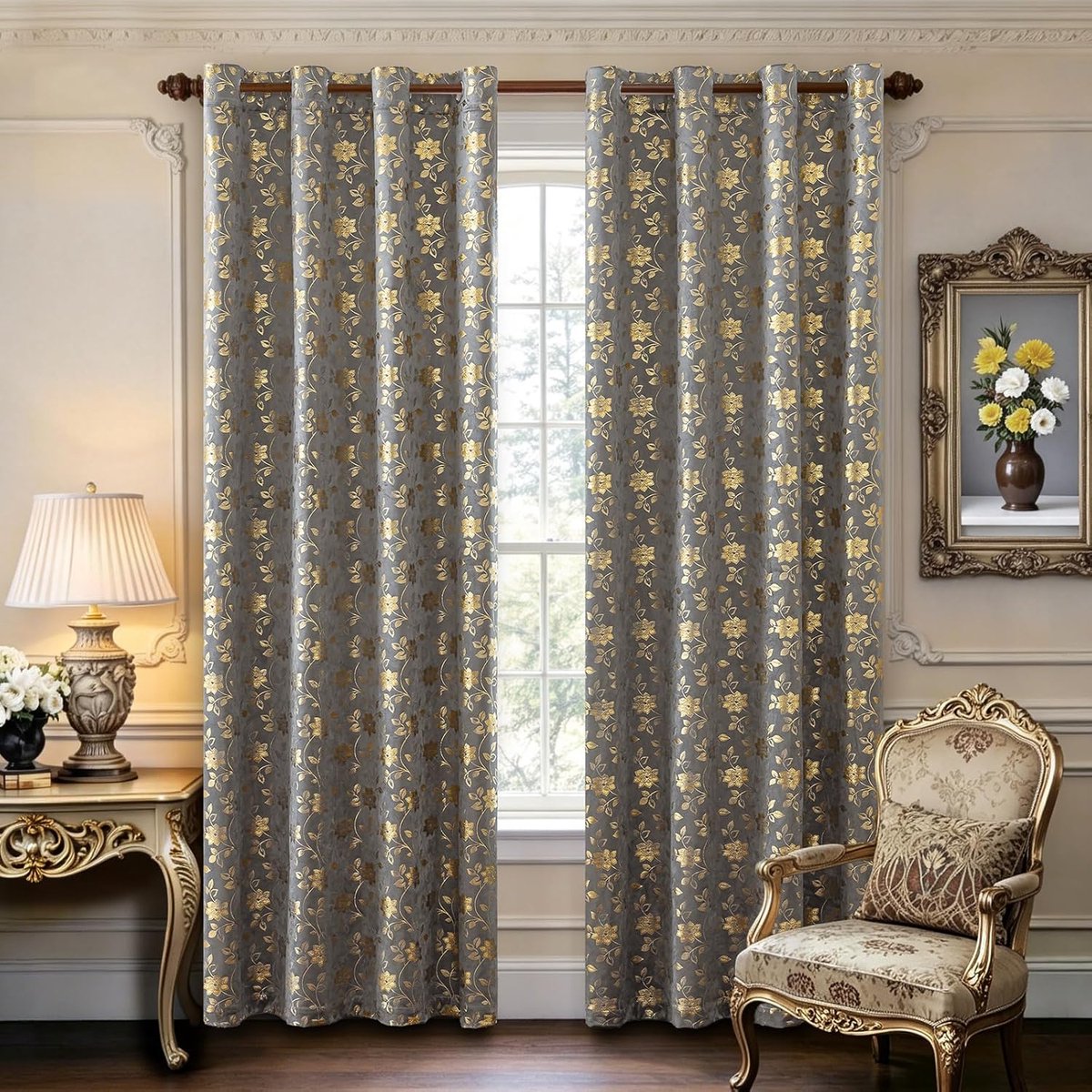 Gordijnen Verduisterend met Oogjes 2 Stuks, 140x260 CM, Retro Elegante Bloemen Verduisteringsgordijn, Isolerend Gordijn Tegen Warmte en Koude, Ideaal voor Slaapkamer en Woonkamer, Kameel