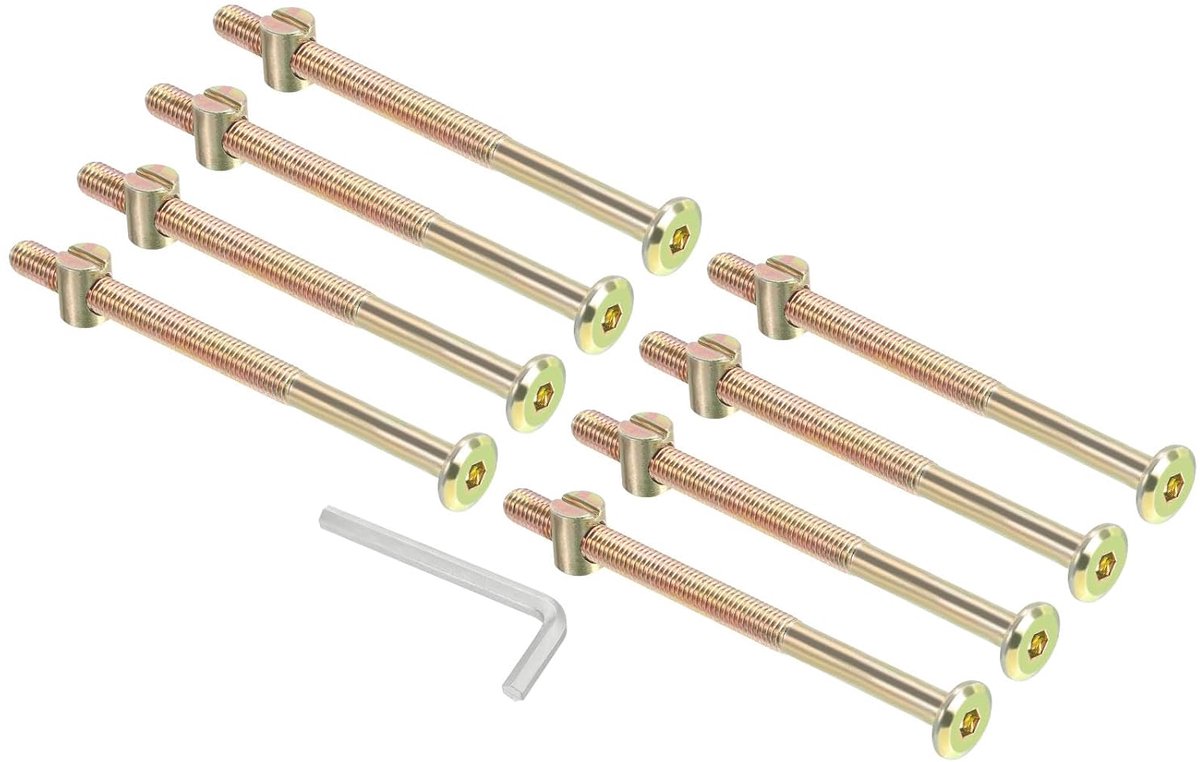 M8 x 120 mm stapelbed schroeven 8 stuks zeskantaandrijving vatkopschroeven schroeven moeren assortiment met 1 stuk moersleutel voor meubels bed zinkkleur