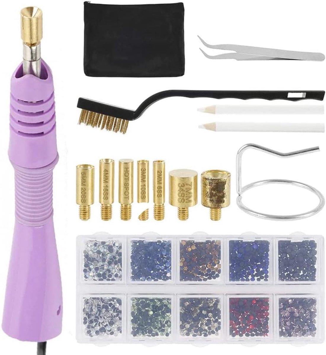 Applicator kit, Hot Fix Strass Setter Tool, Hot drill, Pincet, Boxed Drill, 7 Tips, 2 Pickers, Wire Brush, Stand, Bag (Paars)