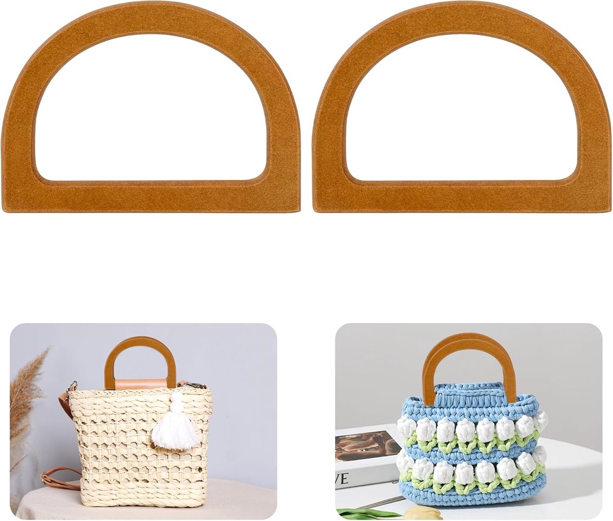 Handtassen van hout in D-vorm, vervangende handgrepen voor handtassen, houten handgrepen voor strandtassen, strozakken, lichtbruin, 2 stuks