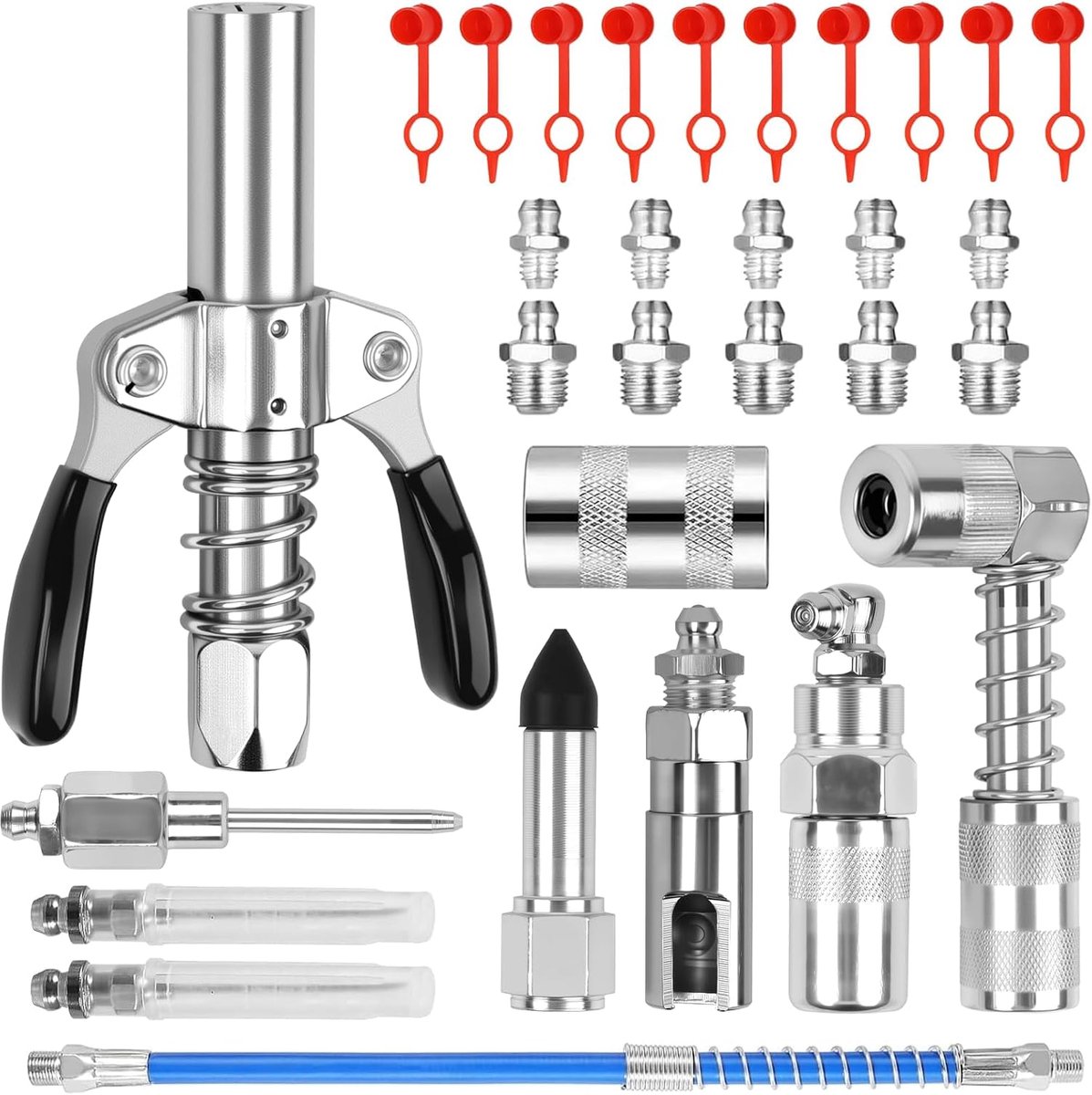 30 stuks vetsper-adapterset, G-coupler voor vetpers, smeernippel, met 30 cm slang, vetpers en opzetstuk, smeerpers, aansluiting, nippel, 8 types, universeel mondstuk, vetperskit