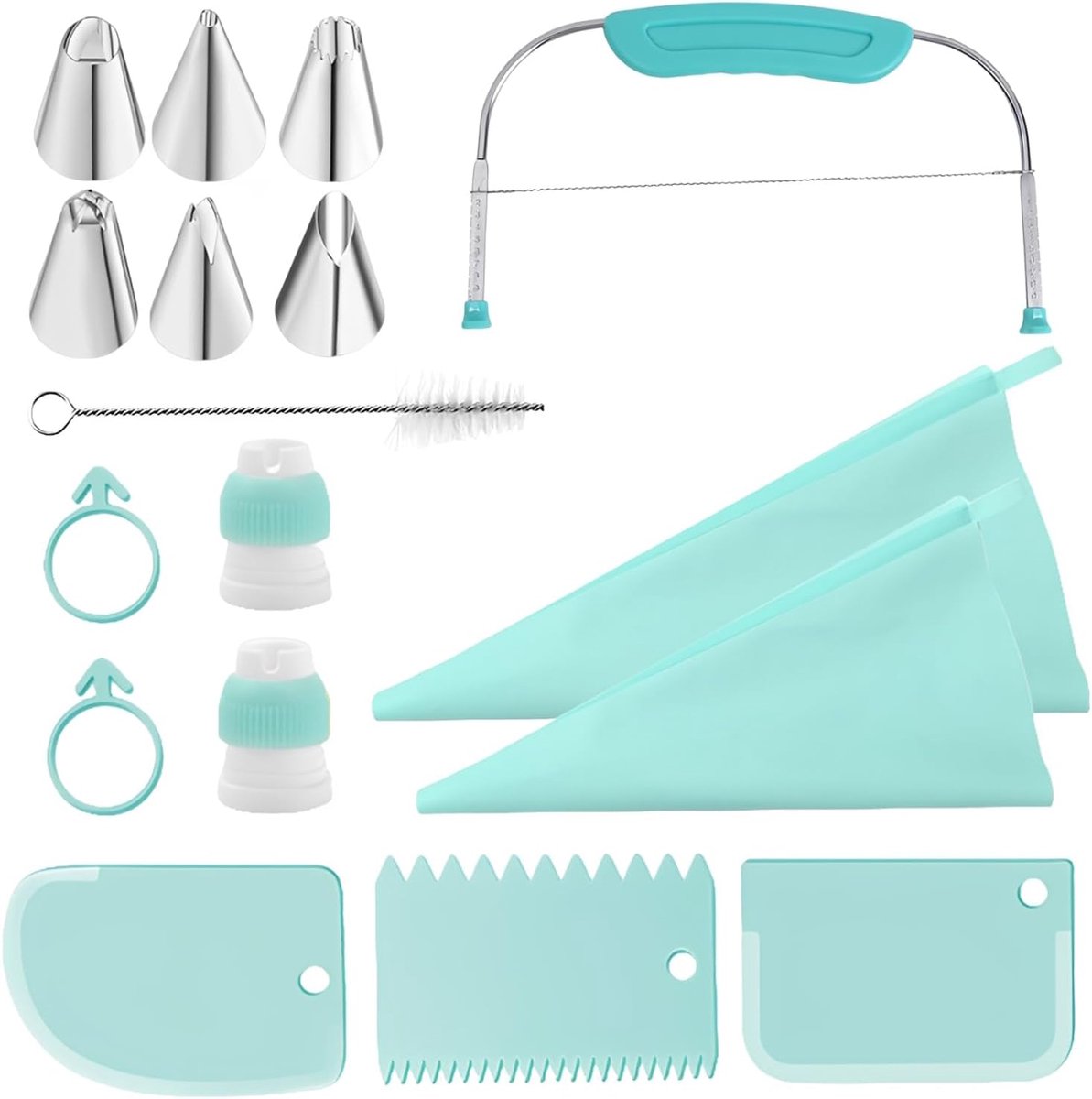 aart Decoratie Set met Taartsnijder, 3 Creme Schrappers, 6 Spuitmondjes, 2 Silicone Spuitzakken, 2 Siliconen Ringen, 2 Adapters en 1 Borstel - Groen