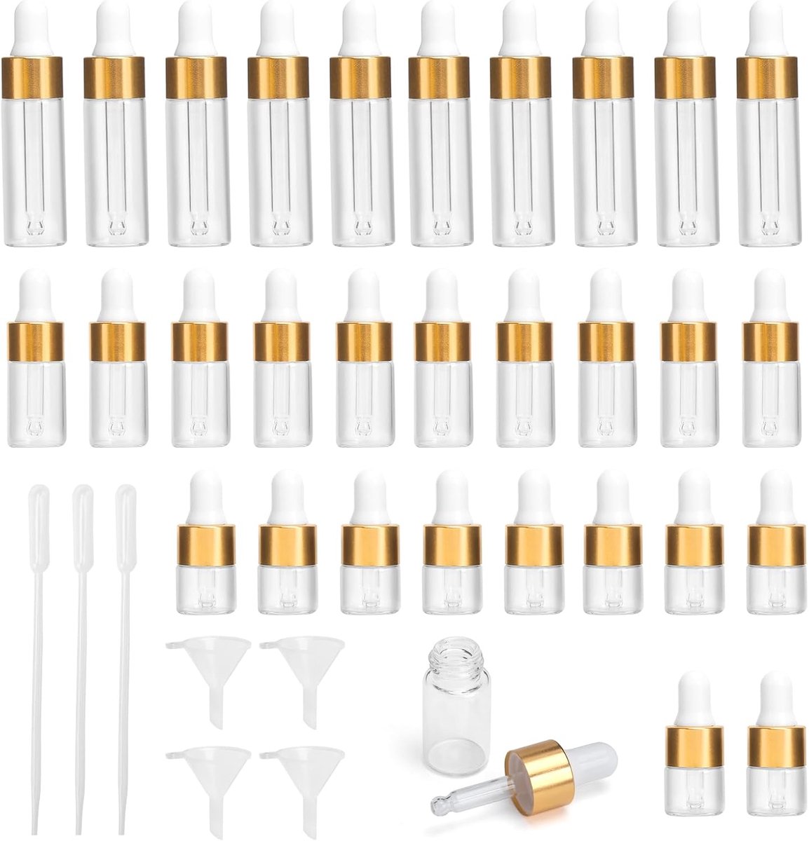 30 stuks mini-pipetflessen, 3 verschillende volumes, transparante glazen flessen met druppelpipet, navulbare monsterflesjes voor etherische olie, geuroliemonster, doe-het-zelf cosmetica (2 ml