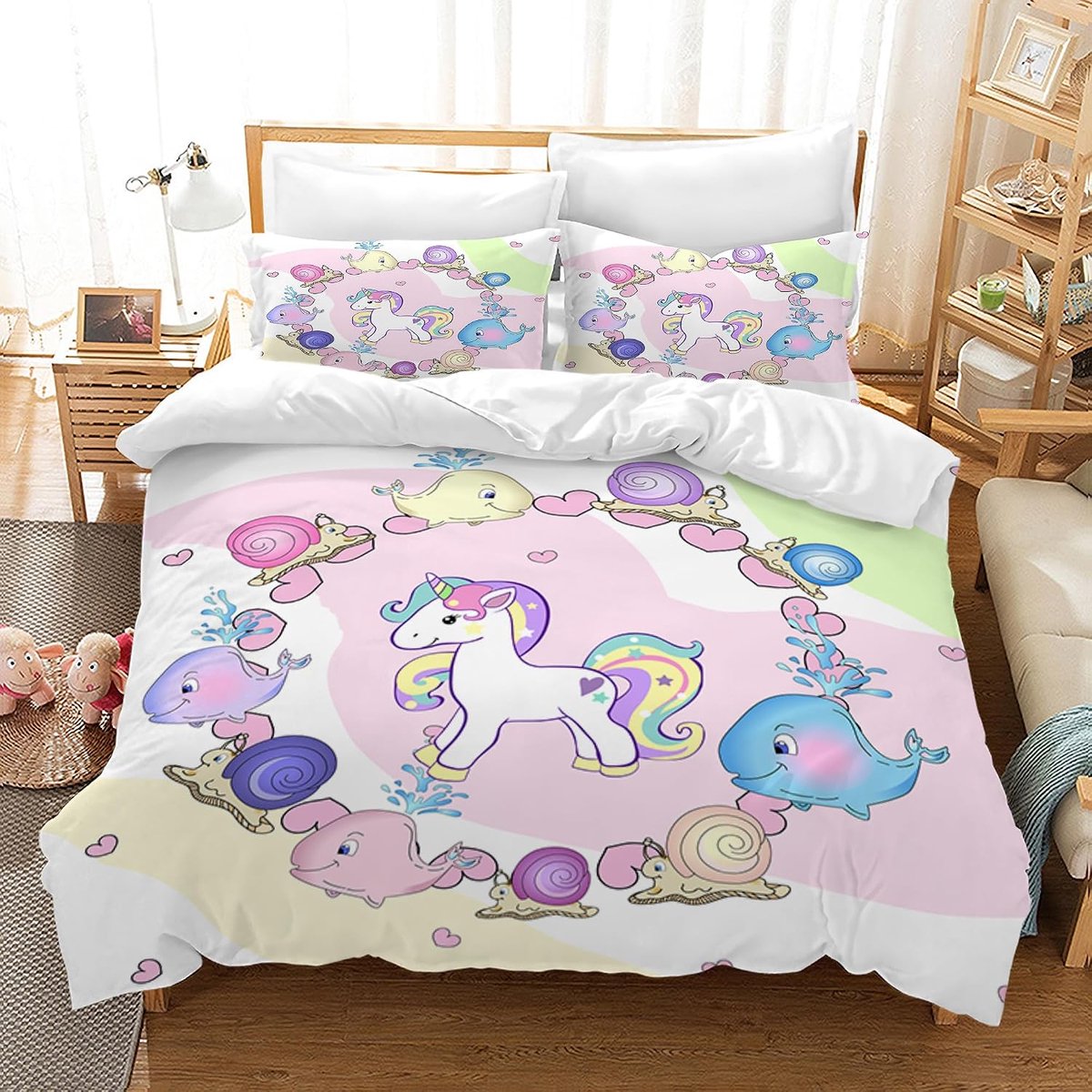 beddengoed, kinderbeddengoedset met dekbedovertrek en 2 kussenslopen, cartoon eenhoorn, microvezel, zacht, voor meisjes, met ritssluiting (200 x 200 cm, stijl J)