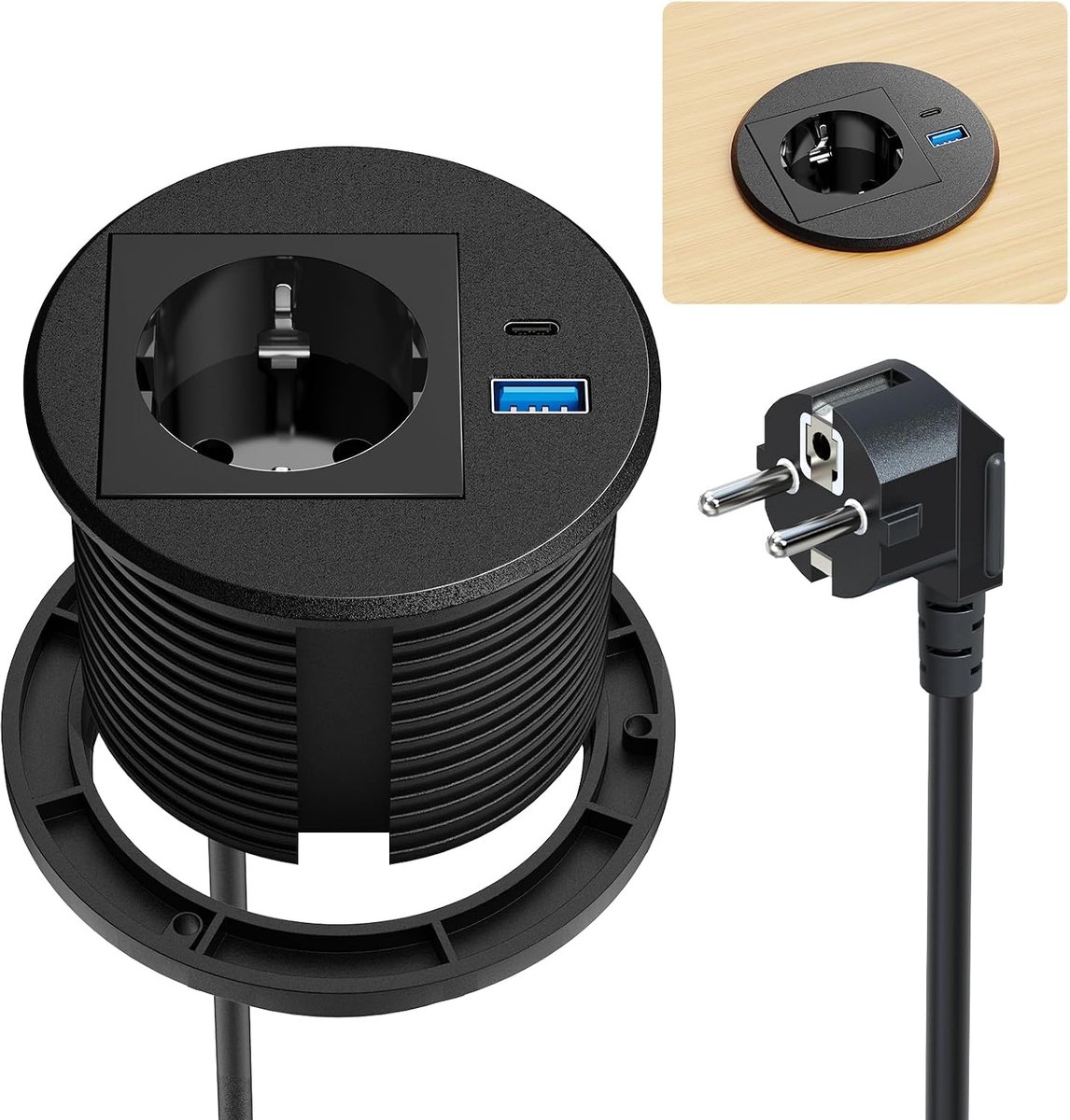 Inbouwstopcontact met USB-C PD 20W, Ø80 mm, zwart | USB-A QC 18 W, 1 Schuko-stopcontact, 2 m kabel, verborgen inbouw, bureau en thuiskantoor