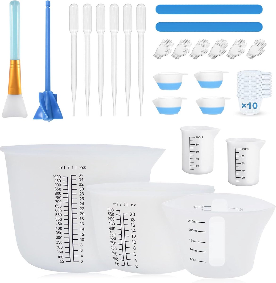 maatbekerset voor epoxyhars, mengbeker 1000 ml/600 ml/250 ml/100 ml, maatbeker van siliconen, siliconen borstel, mengpaddel, pipetten, doe-het-zelf, keuken, laboratorium, handwerk