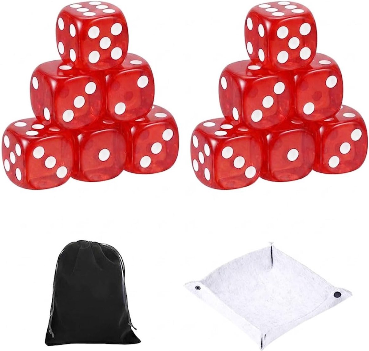 10 stuks transparante dobbelstenen 6-zijdig 14 mm met vilten dienblad van zwart fluweel voor bordspellen, dobbelstenen voor wiskundeonderwijs en feestjes (rood)
