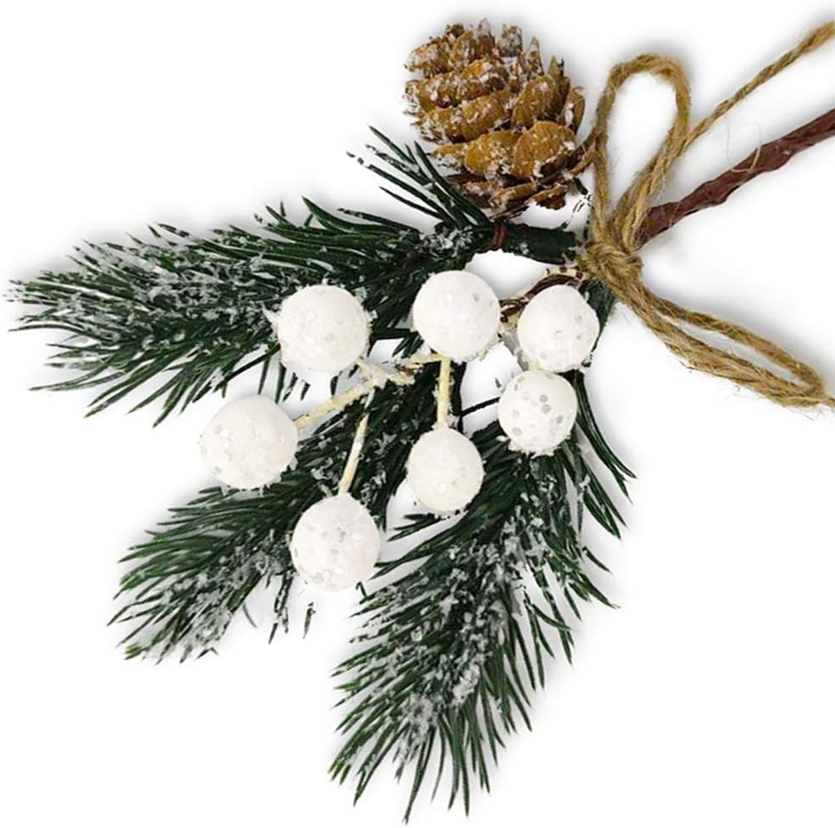Kunstdennentakken met witte bessen, 8 stuks, kersttakken met dennenappels, hulsttak, kunstbessentak voor krans, knutselwerk, kerstboomdecoratie