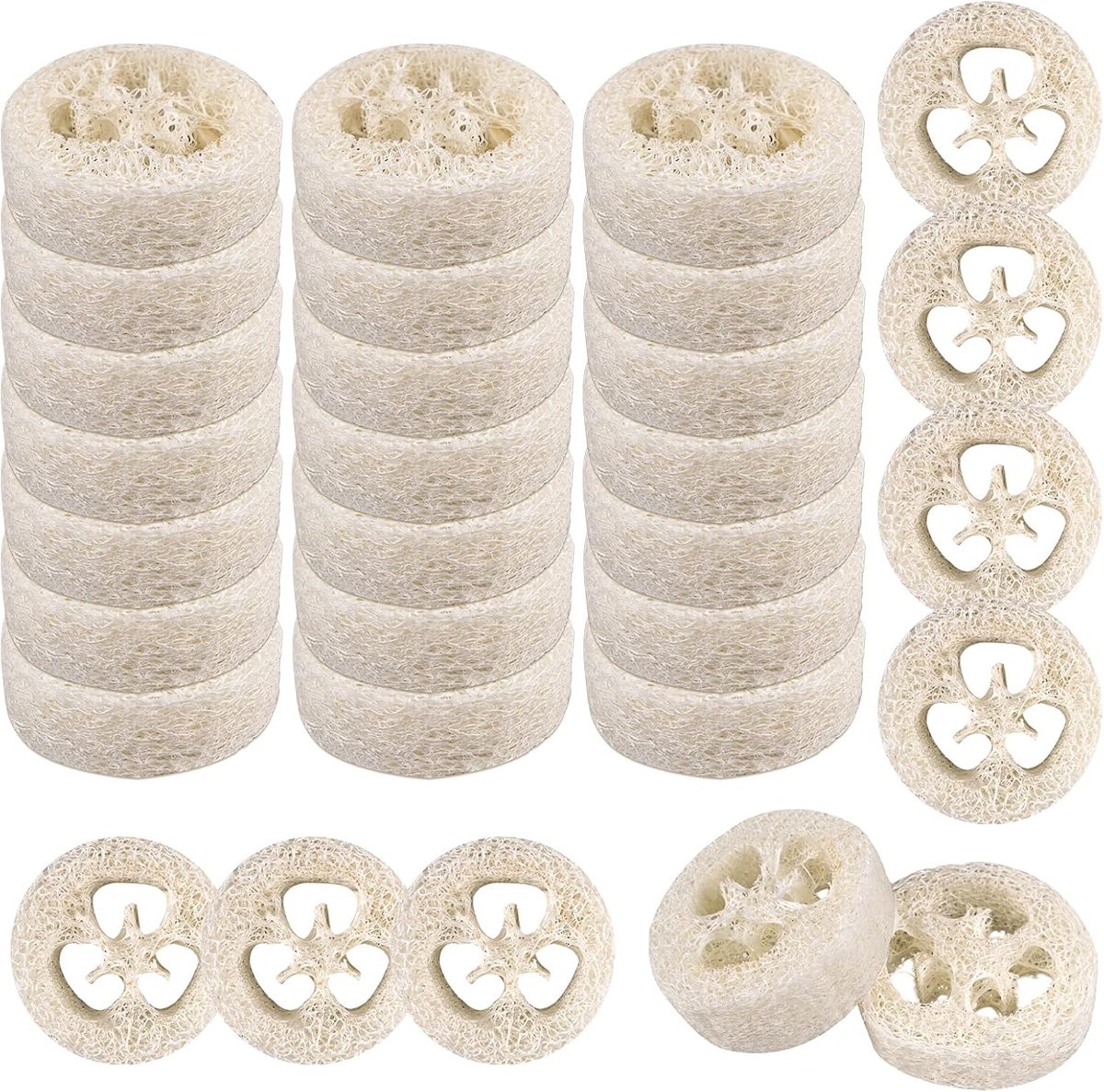 30 stuks natuurlijke luffa-sponzen zeepkussens diameter 5-7 cm | luffa zeepbakjes zijn absorberend en ademend en geschikt voor het verwijderen van doden, vuil, verontreinigingen, keuken