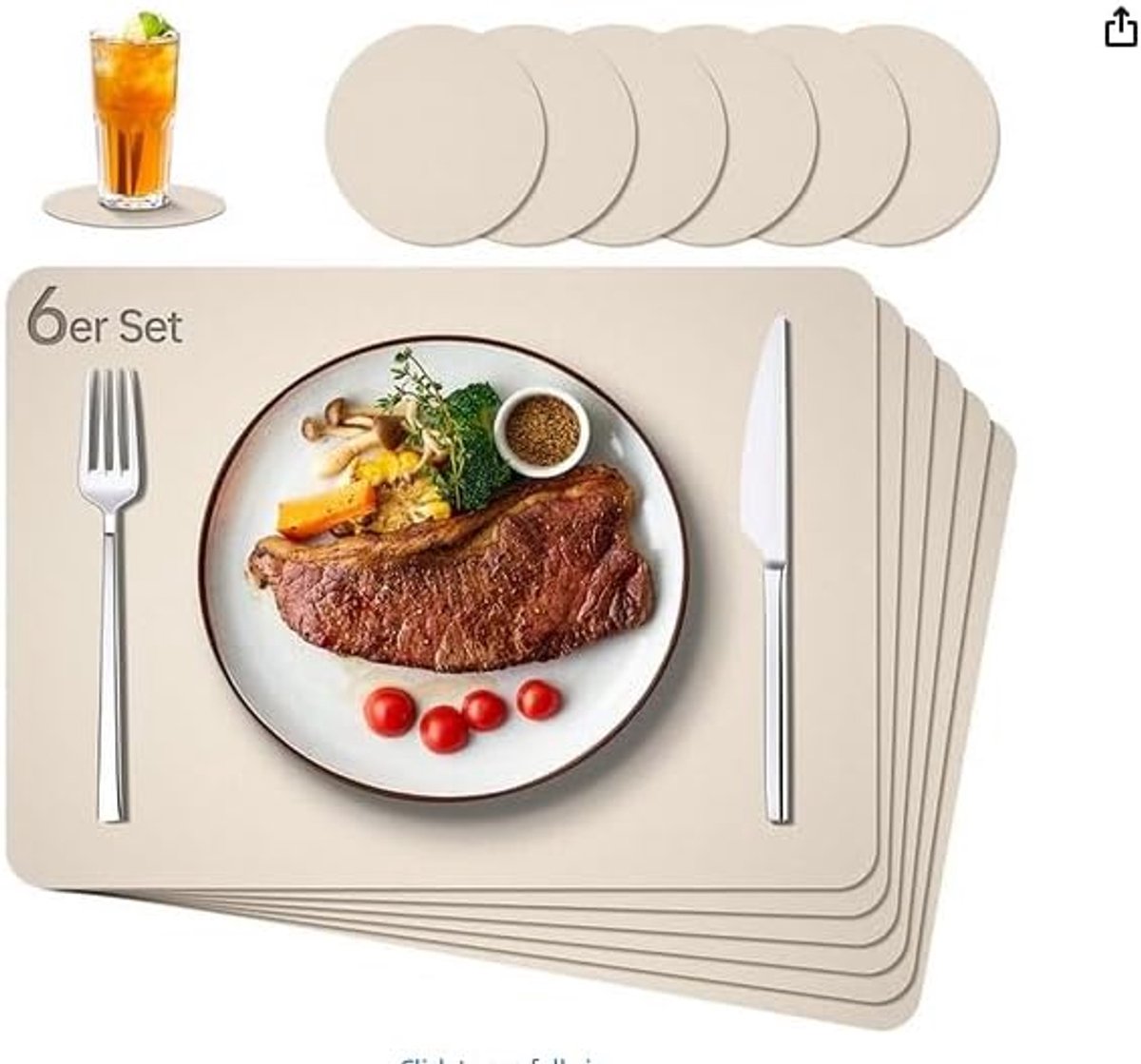 Placemats, afwasbaar, met onderzetters, hittebestendig, dubbelzijdig, waterdicht, ideaal voor keuken en kantoor (crèmewit)