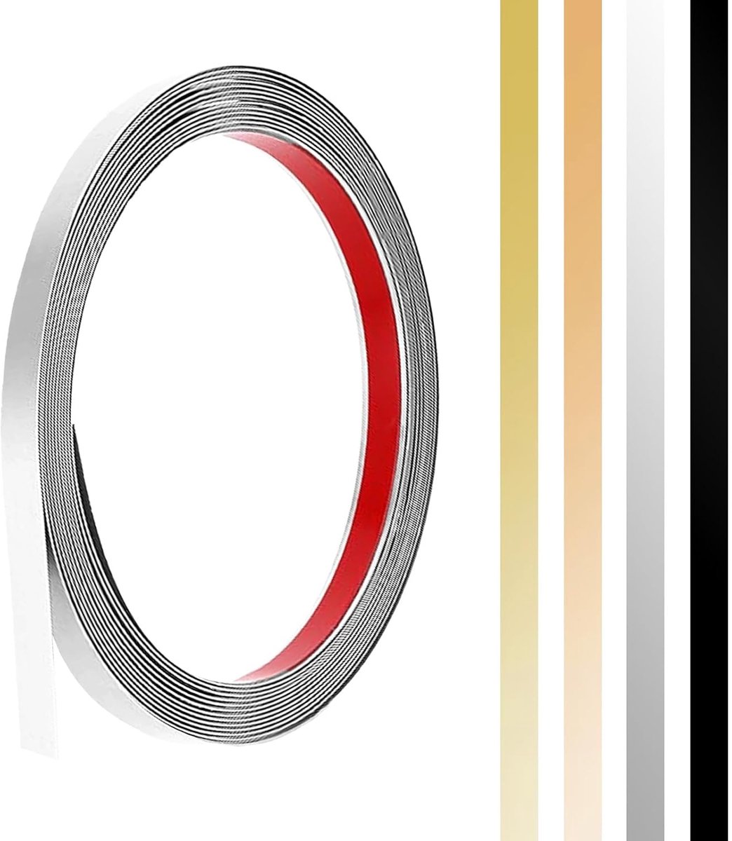 Metalen band, zelfklevend, metalen strips, sierlijsten, roestvrij staal, wandlijsten, schillen en plakken, metalen lijst voor muur, open haard, spiegelframe, plafond, zilver, 6 m x 10 mm