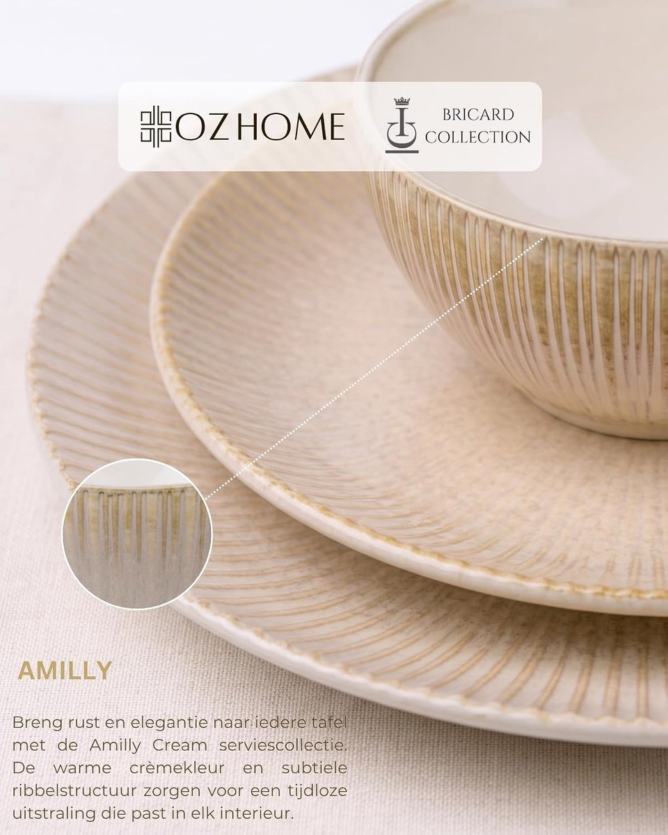 Amilly Complete Serviesset 25-delig voor 6 personen, Porselein Dinerset Crème met Dinerborden, Dessertborden, Diepe Borden, Kommen, Serveerschaal, vaatwasser-, magnetron- en ovenbestendig