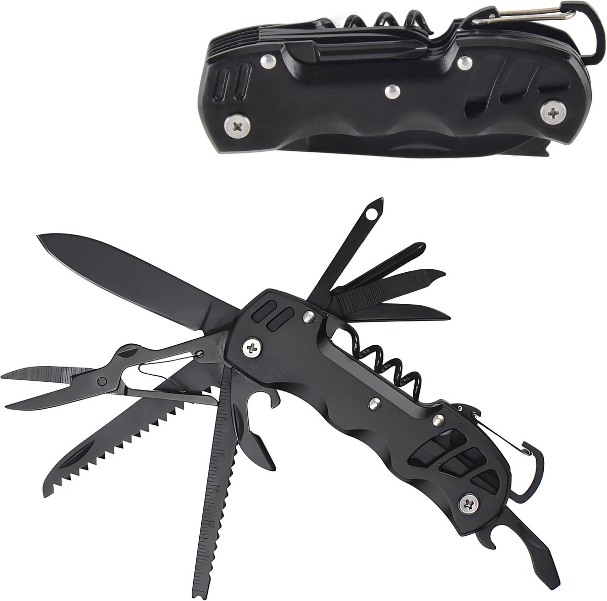 Multitool Zakmes, Taozoey 12 In 1 Zakgereedschap, Gereedschap Mes, Opvouwbaar Multifunctioneel Gereedschap Met Opener, Mes, Schroevendraaier, Vijl, Zaag, Tang en Tas (Zwart)