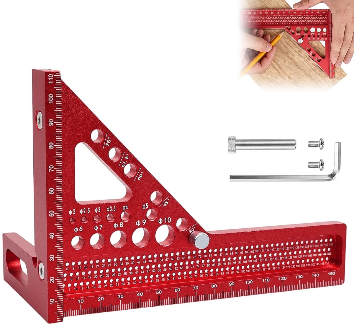 3D-meetliniaal, 22,5°/90°, aluminiumlegering, verstekhoek, zeer nauwkeurig, multifunctioneel, voor houtbewerking, doe-het-zelven, handwerk, rood