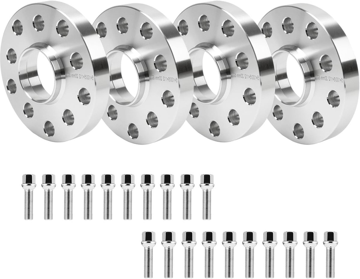 4 stuks 15mm & 20mm spoorverbredingsafstandsschijven set LK: 100/5+112/5 NLB: 57,1 met 20 stuks wielbouten M14x1,5 40/45mm voor VW Golf