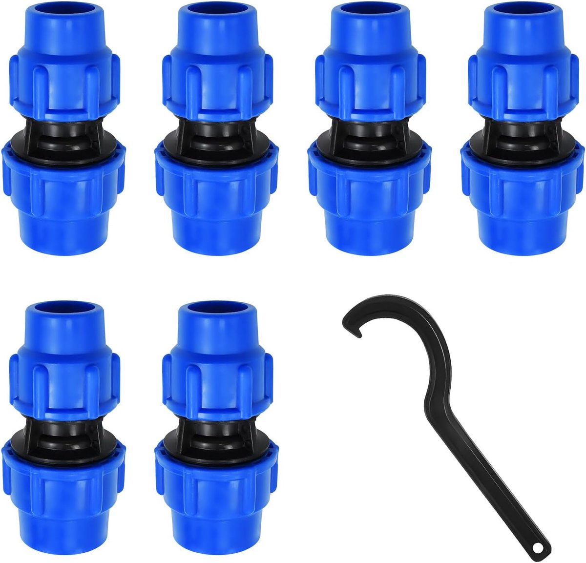 6 stuks PP-koppelingen, verminderd, 32 mm tot 25 mm, PE-fitting, schroefverbinding, PE-buisfitting, 32 mm x 25 mm, schroefverbinding, kunststof koppeling, blauw, bevat een regelgereedschap