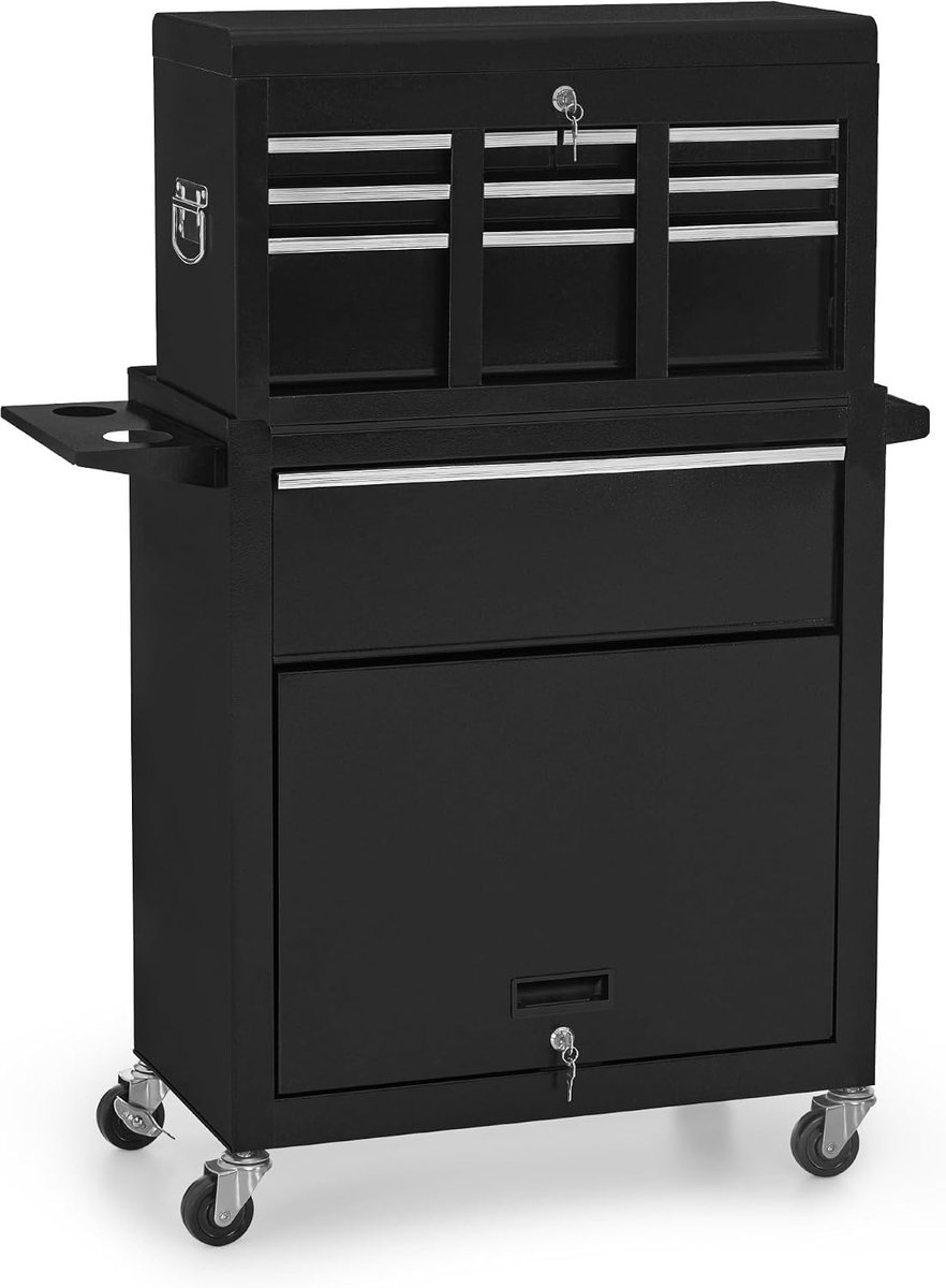 2-in-1 kapperskar met 5 laden & kast, bedieningskar met 2 föhnhouders, afsluitbare kapperswerkwagen, metalen salonkar, stapelbare rolkar, 33x81x108cm, 0097 (Zwart-zilver)
