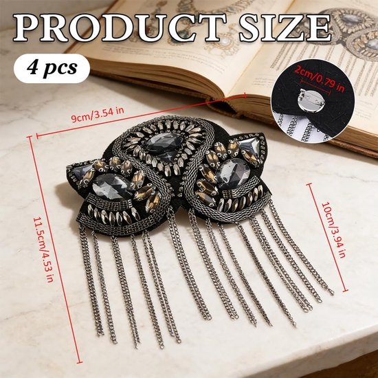 4 stuks franjes schouder schouder ketting kristallen kralen franje epauletten schouder gunmetal franje strass ketting band — afbeelding 4