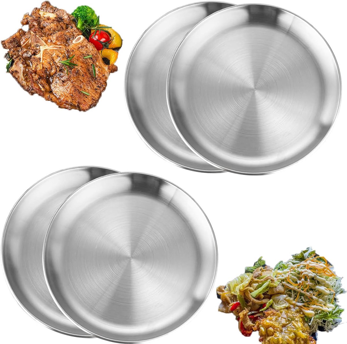 4 roestvrij stalen ronde servies, roestvrijstalen borden voor camping, 23 cm rond servies, barbecue plaat