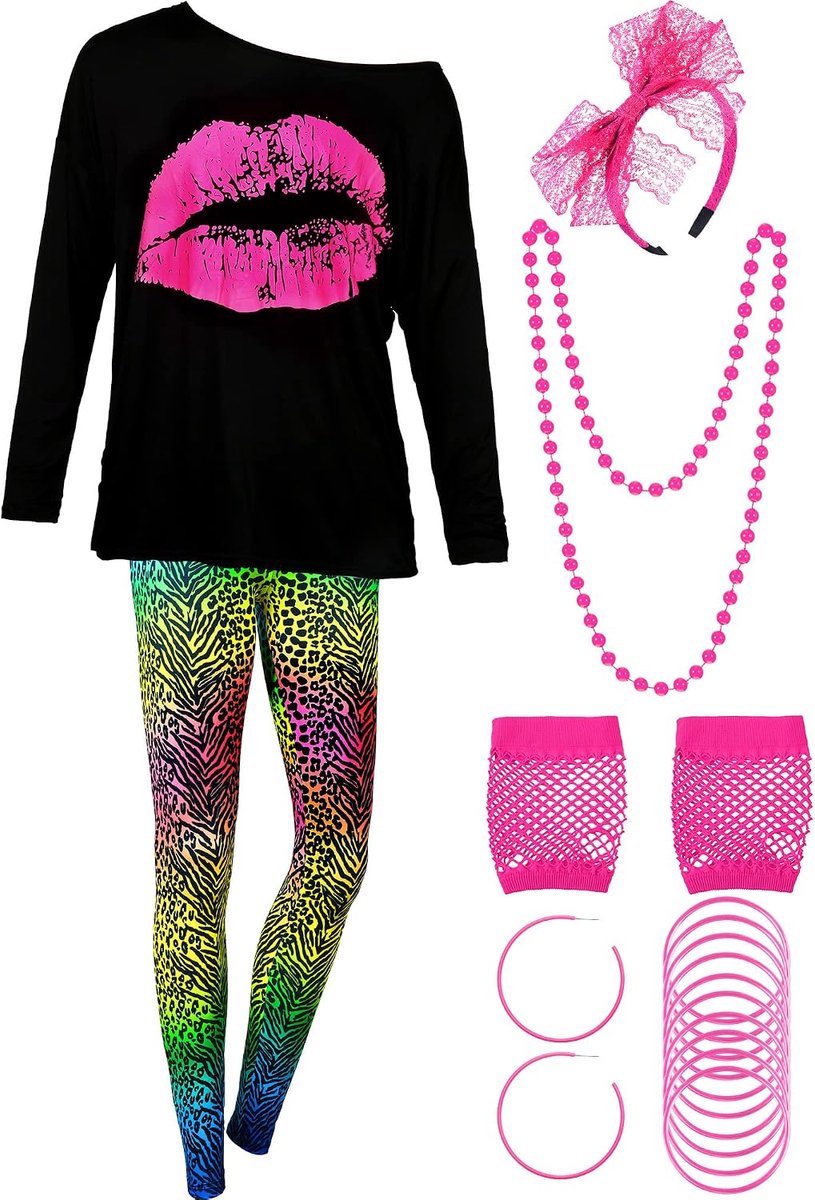 Dameskostuumset jaren 80, T-shirt, legging, oorbellen, halsketting, handschoenen, armband, Zoals te zien is op de foto, M