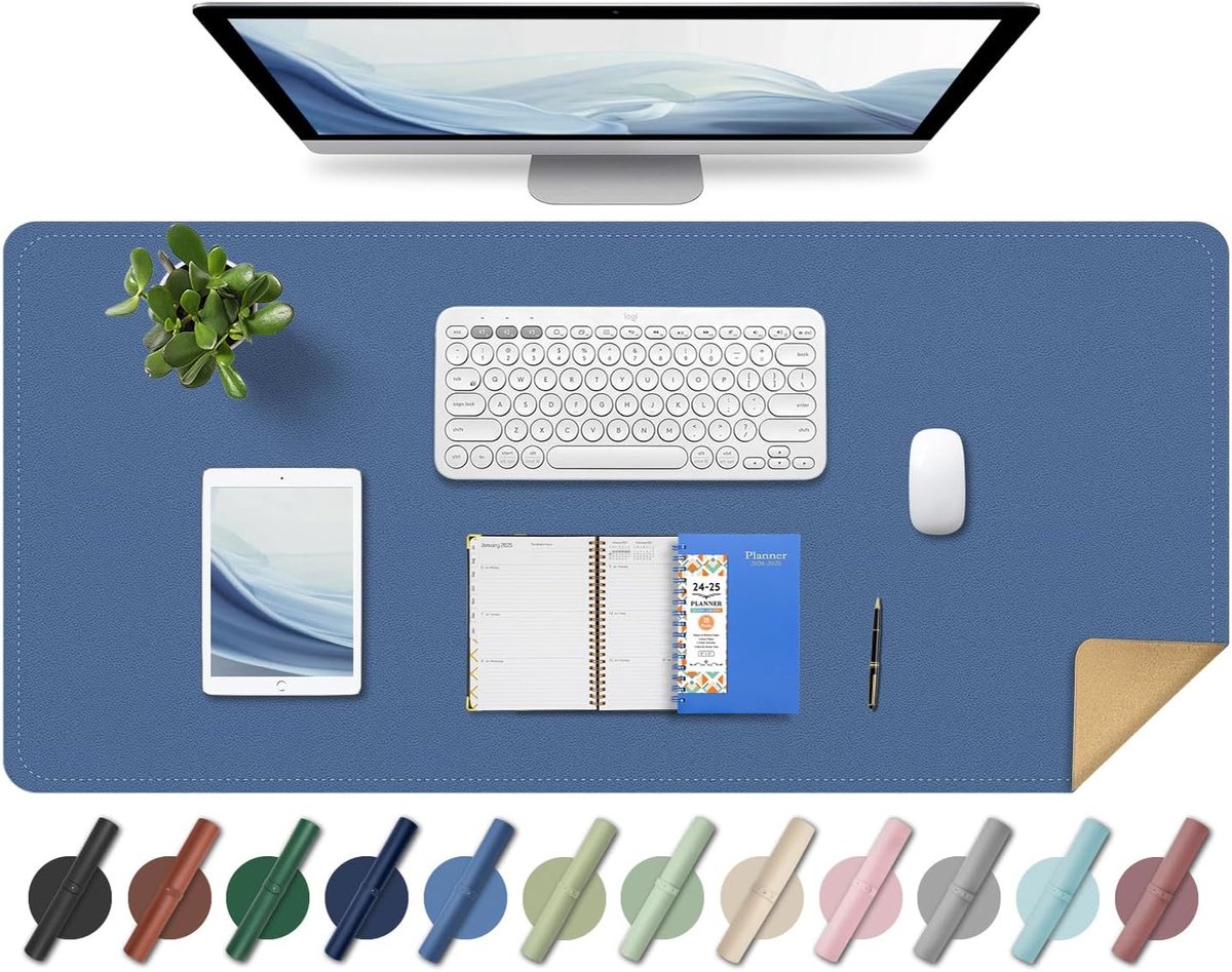 bureaumat, 80 x 40 cm, PU-leren bureauonderlegger, kurk, voor bureau, voor toetsenbord en muis, ideaal voor kantoor en thuis, blauw (Lake Blue)