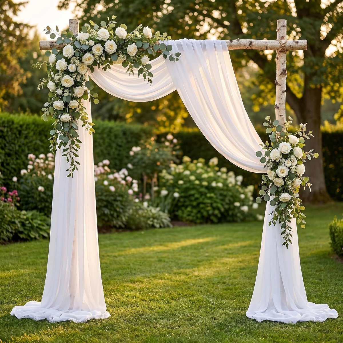 wit, booggordijn voor bruiloft, 75 x 800 cm, decoratief gordijn met strik van tule, voor ceremonie, boog, decoratie, bruiloft, stoelen, feest, podiumdecoratie, fotoachtergrond