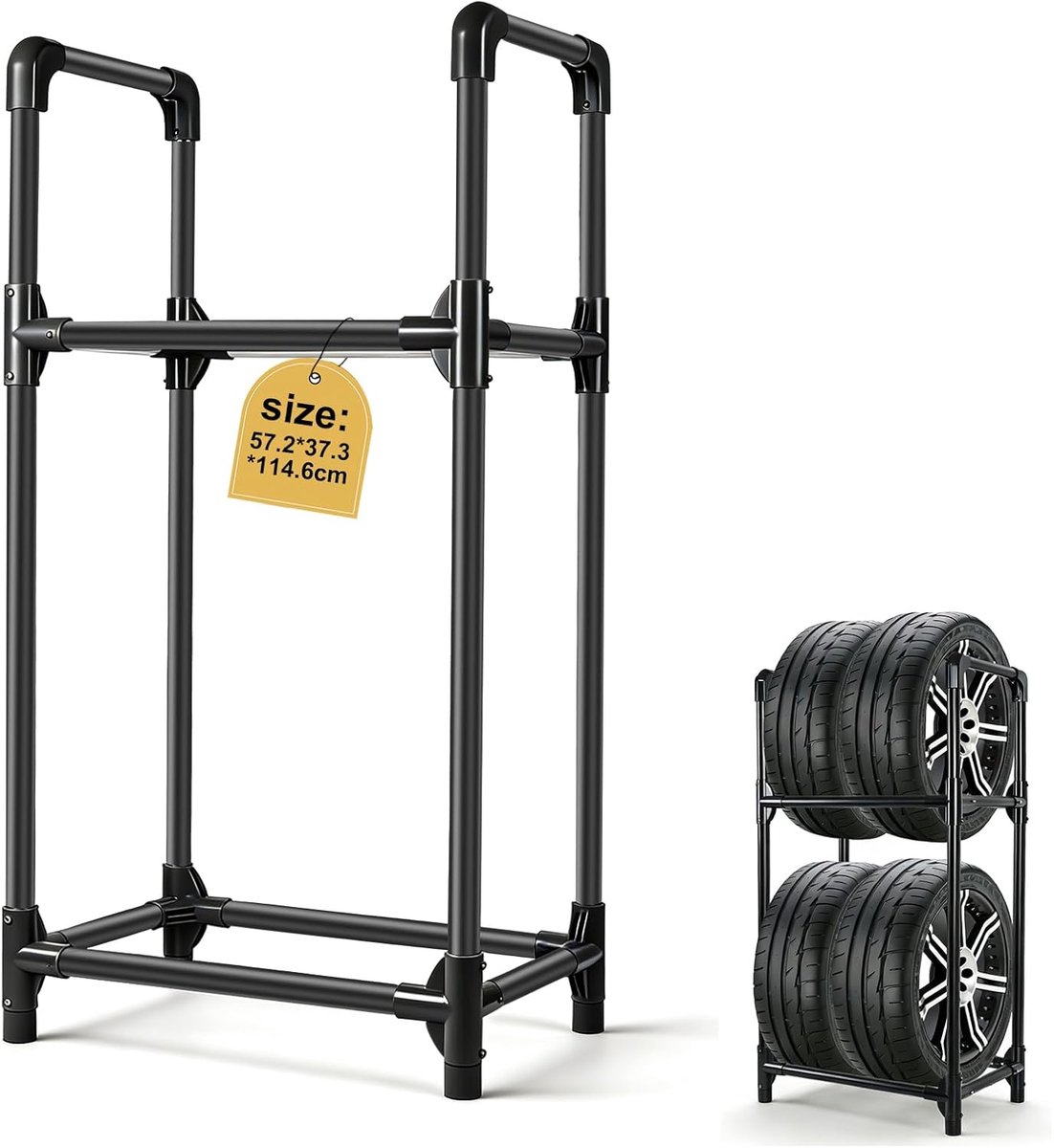 Bandenstandaard, 4 banden, 57 x 37 x 114 cm, bandenrek met beschermhoes, velgenboom voor autobanden, werkplaatsrek, garage, bandenhouder, velgenstandaard, zwart gecoat staal, draagkracht 200 kg